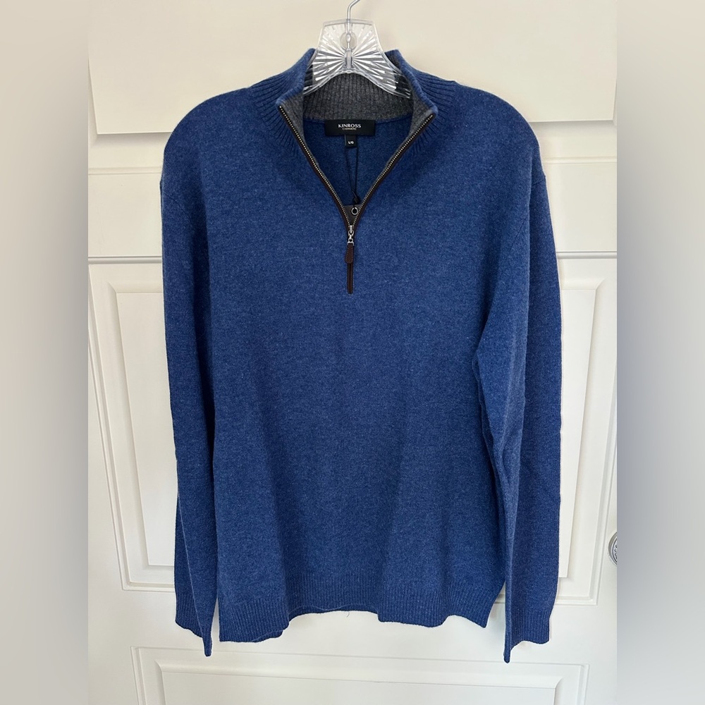 Kinross Cashmere The Hamilton Cashmere 1/4 Zip Sweater in Royal Navy Blue NWT